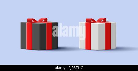 3d boîte cadeau blanche et noire avec noeud en ruban rouge, isolée Illustration de Vecteur