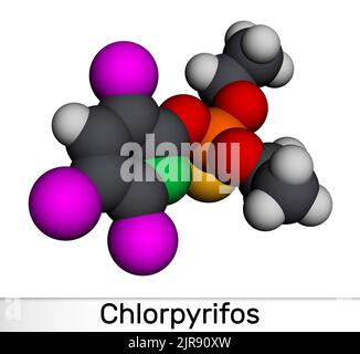 Chlorpyrifos, molécule CPS. Il s'agit d'un neurotoxique organophosphoré, utilisé comme pesticide. Modèle moléculaire. 3D rendu. Illustration Banque D'Images