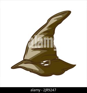 Vieux chapeau de sorcière en cuir brun pointue avec boucle. Style dessiné à la main Illustration de Vecteur