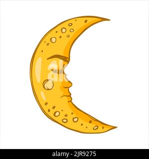 Lune jaune avec un visage. La lune dort. Concept céleste en style boho Illustration de Vecteur