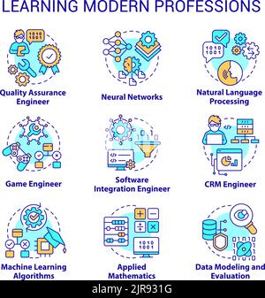 Ensemble d'icônes de concept d'apprentissage des professions modernes Illustration de Vecteur