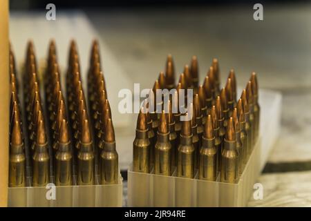 Gros plan de nombreuses longues balles métalliques otan en emballage ouvert. Concept d'arme à feu. Plage de prise de vue. Photo de haute qualité Banque D'Images