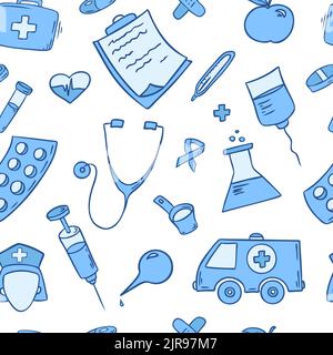 Motif sans couture dessiné à la main pour les besoins quotidiens. Articles médicaux et de soins de santé. Illustration de Vecteur