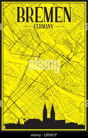 Affiche panoramique de la ville dessinée à la main avec le réseau de rues du centre-ville de BRÊME, ALLEMAGNE Illustration de Vecteur