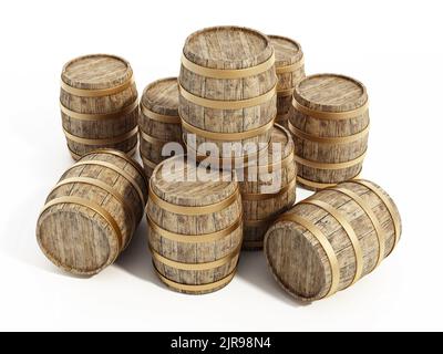 Pile de fûts de vin vieillis isolée sur fond blanc. 3D illustration. Banque D'Images