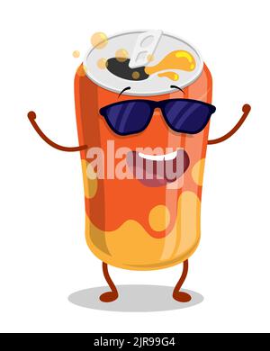 Boîte en aluminium de caractère gai avec boisson non alcoolisée. Boissons rafraîchissantes par temps chaud en été. Vecteur de dessin animé isolé sur fond blanc Illustration de Vecteur