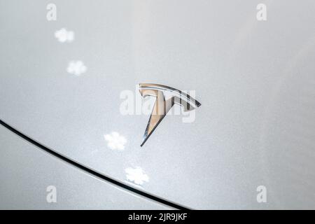 Singapour - 19 juillet 2022 : logo Tesla sur une capuche. Banque D'Images