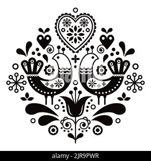 Motif d'art folklorique scandinave avec fleurs et oiseaux, motif floral nordique, arrière-plan rétro en noir et blanc Illustration de Vecteur