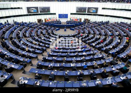 Discours d'Emmanuel Macron devant le Parlement européen à Strasbourg (Nord-est de la France) le 2022/01/19 Banque D'Images