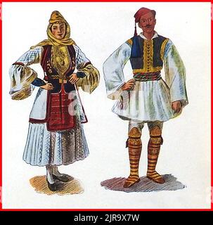 Une illustration de couleur vintage montrant les costumes traditionnels nationaux en Grèce - Μια vintage έγχρωμη απεικόνιση που δείχνει παραδοσιακές εθνικές φορεσιές στην Ελλάδα Banque D'Images