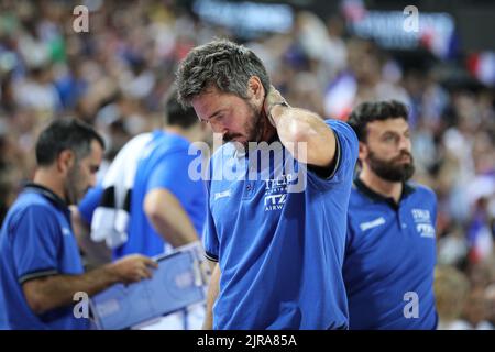 Coach Giammarco Pozzecco pendant la France équipe basket contre l'Italie à Montpellier pour préparer l'Eurobasket 2022 Banque D'Images