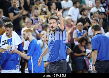 Coach Giammarco Pozzecco pendant la France équipe basket contre l'Italie à Montpellier pour préparer l'Eurobasket 2022. Banque D'Images