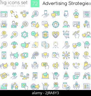 Stratégies et techniques publicitaires jeu d'icônes de couleur RVB Illustration de Vecteur
