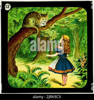 Alice au pays des merveilles (partie 2), Mad Tea Party: Alice vit le Cheshire Cat, vers 1900, Londres, par W. Butcher & Sons, Sir John Tenniel. Banque D'Images