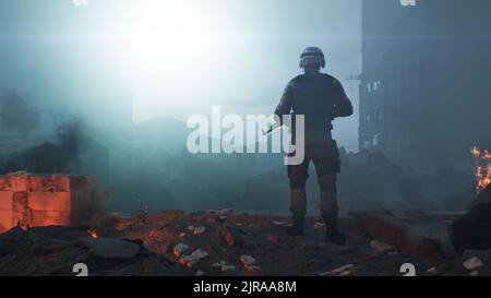 3D rendu d'un soldat en munitions avec une machine, arme debout sur les ruines flamboyante en flammes après le bombardement de la ville à l'aube Banque D'Images