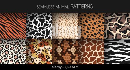 Motifs sans coutures en fourrure d'animal. Reproductions de cuir et de peau, arrière-plans de faune naturelle, textures de mammifères et de reptiles de zoo, jaguar et tigre zébré, girafe Illustration de Vecteur