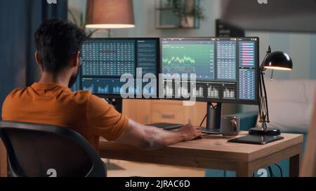 Courtier indien à barbe intelligente assis à table et utilisant l'ordinateur pour négocier sur le marché boursier pendant le travail le soir à la maison Banque D'Images