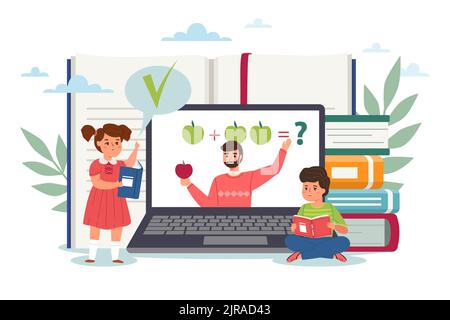 Formation à distance, acquisition de connaissances, formation en ligne. Enfants avec des livres et un professeur sur l'écran d'ordinateur portable, leçon et tutoriel, étudiant sur l'ordinateur Illustration de Vecteur
