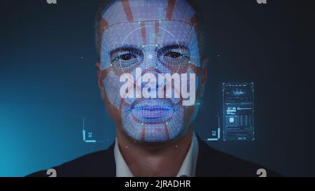 3D rendu de la face futuriste de numérisation d'ordinateur de l'entrepreneur d'âge moyen pour donner accès à des données privées Banque D'Images