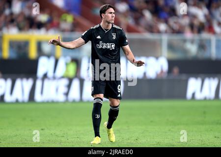 Genova, Italie. 22nd août 2022. Dusan Vlahovic de Juventus FC gestes pendant la série Un match entre nous Sampdoria et Juventus FC au Stadio Luigi Ferraris sur 22 août 2022 à Gênes, Italie . Credit: Marco Canoniero / Alamy Live News Banque D'Images