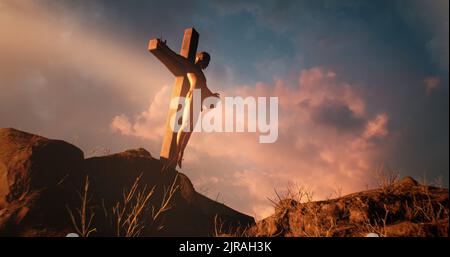 3D image de Jésus-Christ accrochée à la croix sur des pierres contre le ciel nuageux Banque D'Images