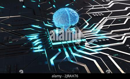 3D rendu de l'intelligence artificielle concept de numérisation, puce avec 3D cerveau artificiel commençant à traiter l'information, données de cloud computing, lignes numériques se déplacent du processeur Banque D'Images