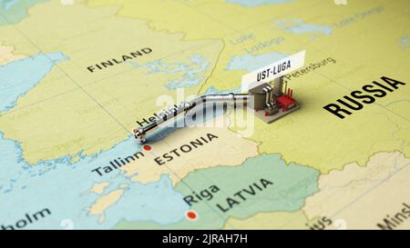 3D réalisation du gazoduc Nord Stream 2 émergeant sur la carte de l'Europe reliant la Russie et l'Allemagne à travers la mer Baltique Banque D'Images