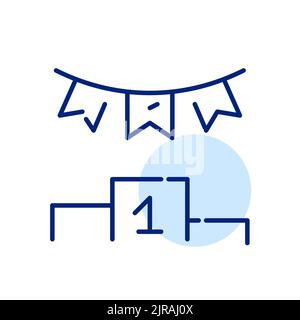 Les gagnants du concours montent sur le podium avec une guirlande de drapeaux. Icône de dessin au trait de trait, pixel Perfect, modifiable Illustration de Vecteur