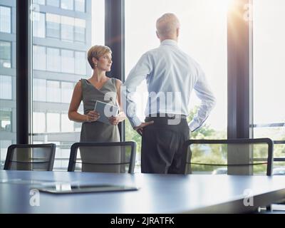 Les collègues d'affaires regardent par la fenêtre depuis la salle du conseil Banque D'Images