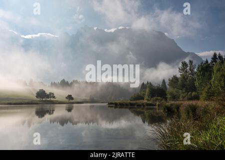 L'Allemagne, la Bavière, la rive du lac Schmalensee enveloppé dans un épais brouillard d'automne avec des montagnes visibles en arrière-plan Banque D'Images