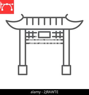 Icône de ligne de porte chinoise, asiatique et voyage, icône de vecteur de robe chinoise, graphiques de vecteur de porte japonaise, signe de contour de trait modifiable, eps 10. Illustration de Vecteur