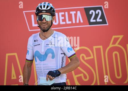 Espagnol Alejandro Valverde de Movistar Team photographié au début de la quatrième étape de l'édition 2022 de 'Vuelta a Espana', Tour d'Espagne course cycliste, 152,5 km de Vitoria-Gasteiz à Laguardia, Espagne, mardi 23 août 2022. BELGA PHOTO DAVID STOCKMAN Banque D'Images