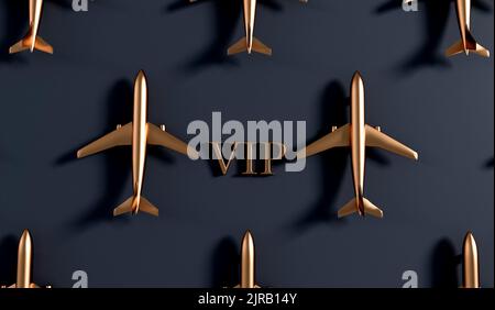 Service de voyage VIP en avion fond d'or. 3D rendu Banque D'Images