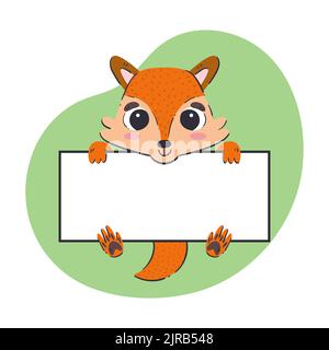 Fox tenant une bannière blanche. Illustration vectorielle mignonne dessinée à la main avec un arrière-plan vert. Modèle de carte modifiable. Illustration de Vecteur