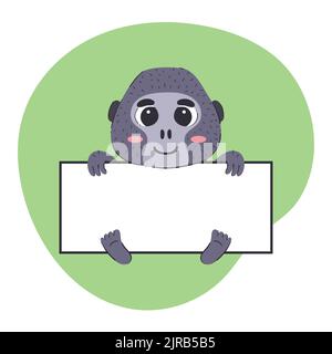 Gorilla tenant une bannière blanche. Illustration vectorielle mignonne dessinée à la main avec un arrière-plan vert. Modèle de carte modifiable. Illustration de Vecteur