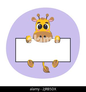 Girafe portant une bannière blanche. Illustration vectorielle mignonne dessinée à la main avec un arrière-plan violet. Modèle de carte modifiable. Illustration de Vecteur