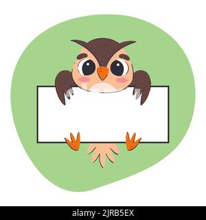 Hibou tenant une bannière blanche. Illustration vectorielle mignonne dessinée à la main avec un arrière-plan vert. Modèle de carte modifiable. Illustration de Vecteur
