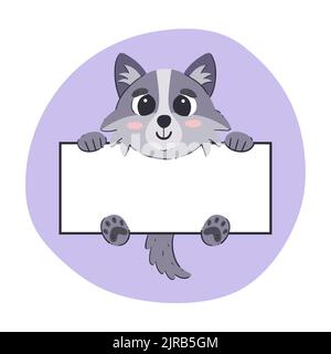 Wolf tenant une bannière blanche. Illustration vectorielle mignonne dessinée à la main avec un arrière-plan violet. Modèle de carte modifiable. Illustration de Vecteur