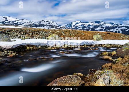 Norvège, Innlandet, longue exposition de la rivière qui coule dans le parc national de Jotunheimen Banque D'Images