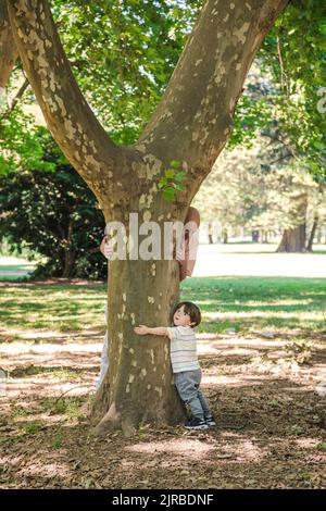 Garçon et grand-père embrassant l'arbre dans le parc Banque D'Images