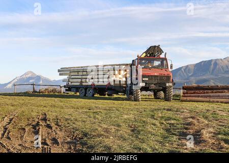 Un camion polyvalent utilisé pour transporter le bois dans les montagnes, Zakopane, Pologne. Banque D'Images