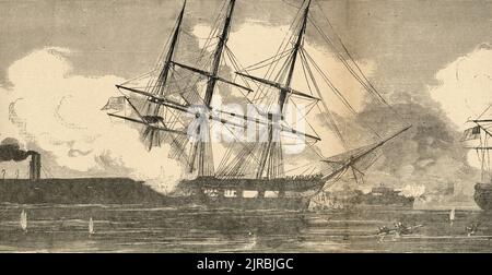 La Confederate a fait descendre le Frigate Cumberland au large de Newport News, en Virginie, pendant la guerre de Sécession Banque D'Images