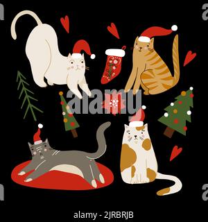 Éléments de vacances et chats. Imprimé joyeux Noël Illustration de Vecteur