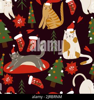 Motif sans coutures avec chats. Imprimé joyeux Noël. Illustration de Vecteur