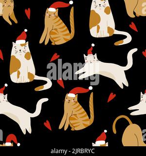 Motif sans coutures avec chats. Imprimé joyeux Noël. Illustration de Vecteur