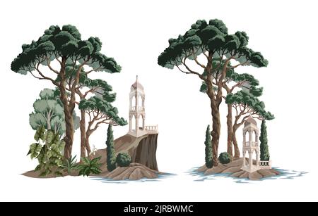 Paysage avec montagnes, mer, arbres et alcôve isolés. Illustration de Vecteur