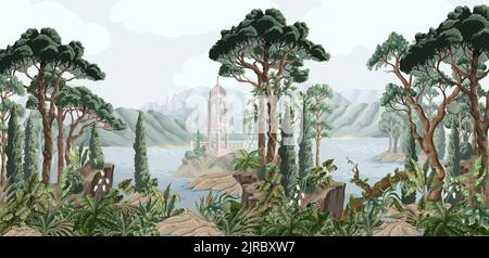 Paysage avec montagnes, mer, arbres et alcôve. Imprimé intérieur. Illustration de Vecteur