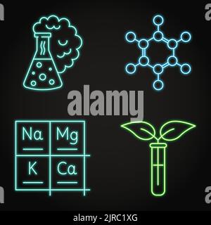 L'icône de la science de la chimie du néon est en style de ligne. Tableau périodique des éléments, de la réaction chimique, du modèle structural des molécules et des symboles de chimie organique. Illustration de Vecteur