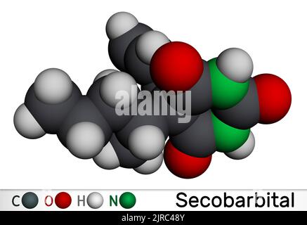 Molécule de secobarbital. Médicament barbiturique avec anesthésique, anticonvulsant, sédatif, propriétés hypnotiques pour le traitement de l'insomnie. Modèle moléculaire. 3D Banque D'Images