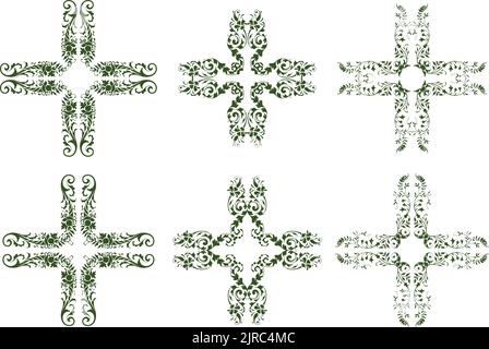 Un ensemble de vintage vecteur décoratif floral feuillu icônes en forme de croix. Illustration de Vecteur